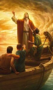 The very colorful illustration of Jesus Christ walking on water toward his deciples in the boat.
